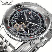 JARAGAR 034 Men's Mul-tifunction Automatic Mechanical Big Dial Watch Military Pilot Tourbillon Stainless Steel Strap Wristwatch