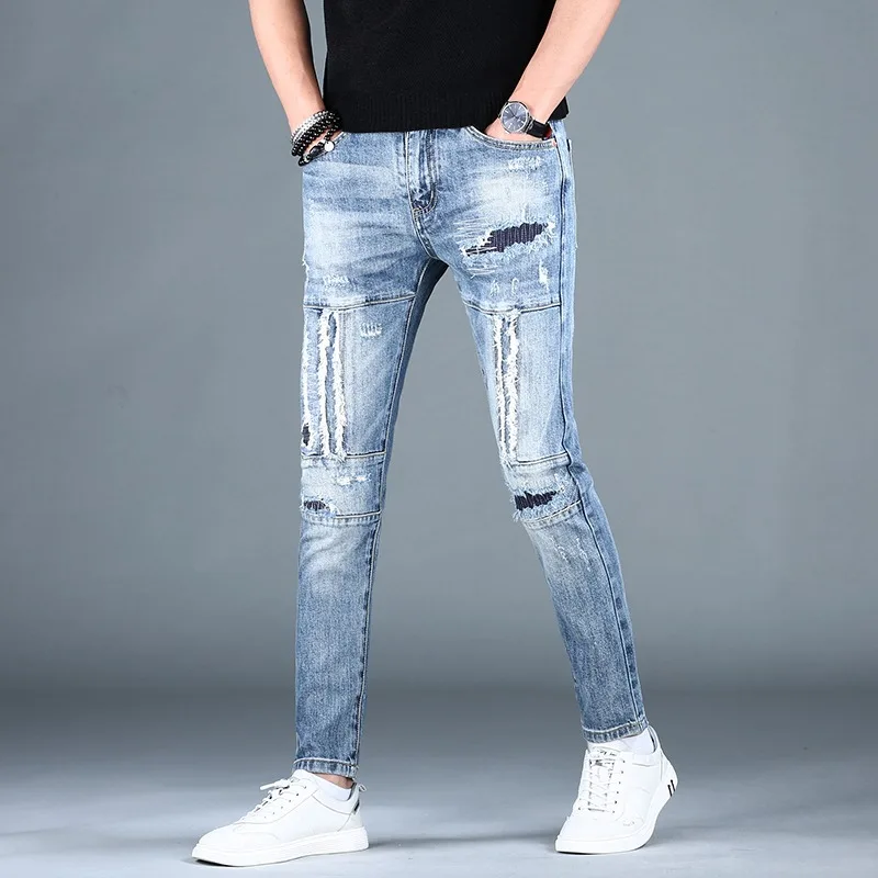 Summer Light Blue Ripped Jeans Men Streetwear Casual Patchwork Slim Fit Straight Denim Pants