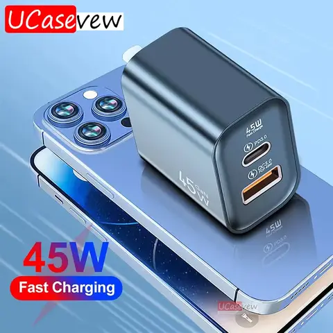 GaN 45W Dual PD Type C Charger USB Fast Charging USB C Charger For iPhone 15 Xiaomi Samsung S10 Note Huawei Mobile Phone Adapter