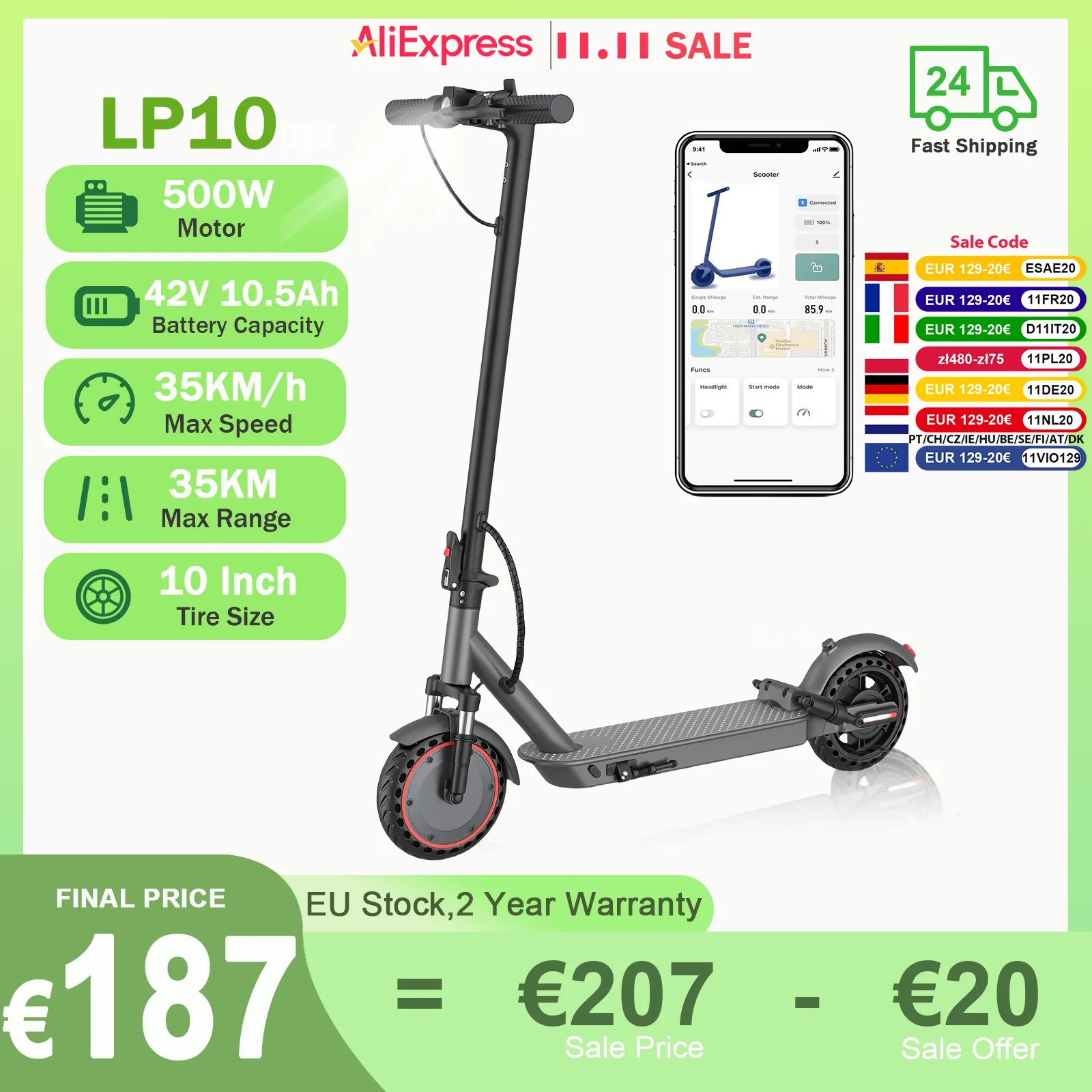 AOVOPRO LP10 500W Scooter électrique 42V 10.5Ah 35 KM/H 35KM longue portée 10 pouces avec Absorption des chocs scooter pliable intelligent