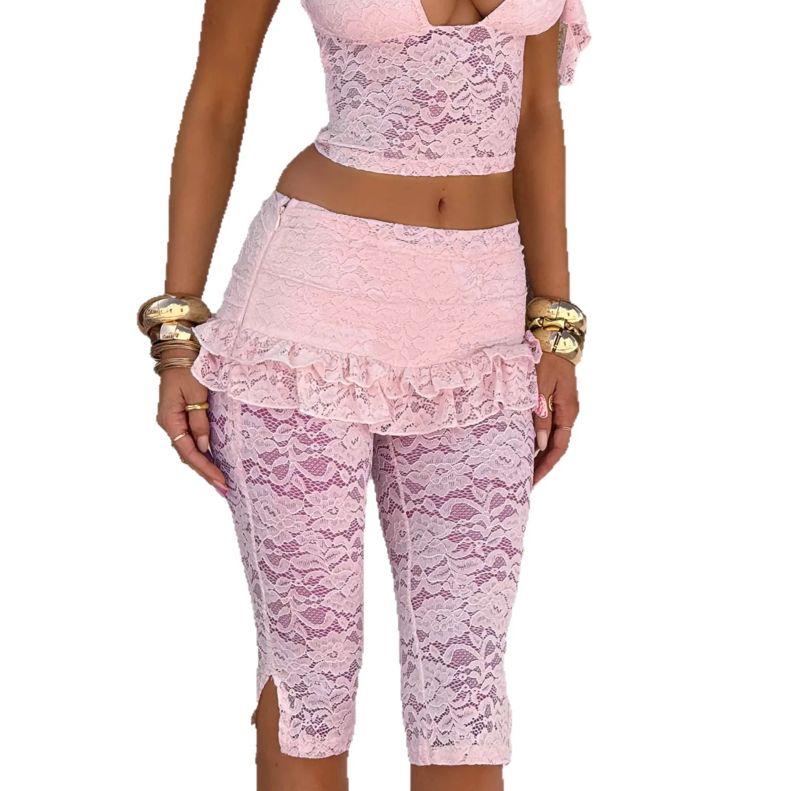Pink Floral Lace Cropped Pants Ruffle Skirt Overlay High Waist Split Hem Sheer Slim Leggings Party Club Bottoms 4YTW