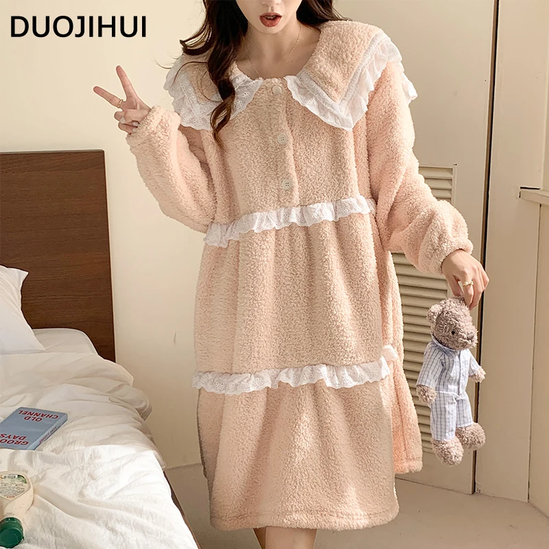 DUOJIHUI Loose Casual Korean Winter Female Pajamas Set New Fashion Sweet Chic Lace Elegant Solid Color Simple Pajamas for Women