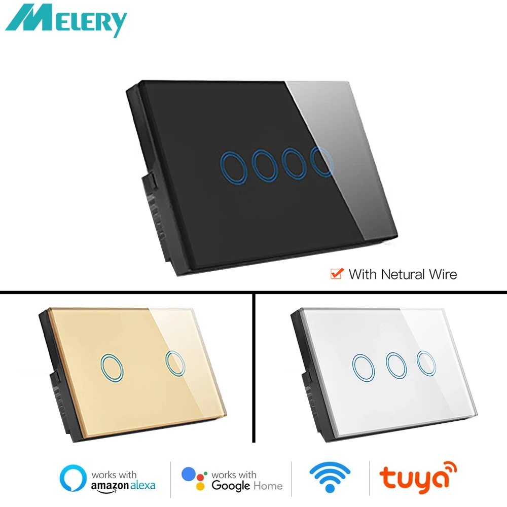 

Melery Tuya Wi-Fi настенный выключатель для умного дома, прерыватель жизни, стеклянная сенсорная панель, беспроводной голосовой пульт дистанционного управления от Alexa Google