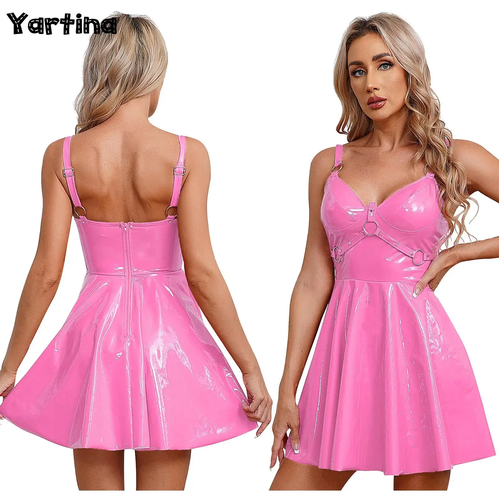Womens Patent Leather Slip Latex Dress A-line Back Zipper Skater Mini Dress with O-Ring Rivets Wet Look Gothic Punk Clubwear