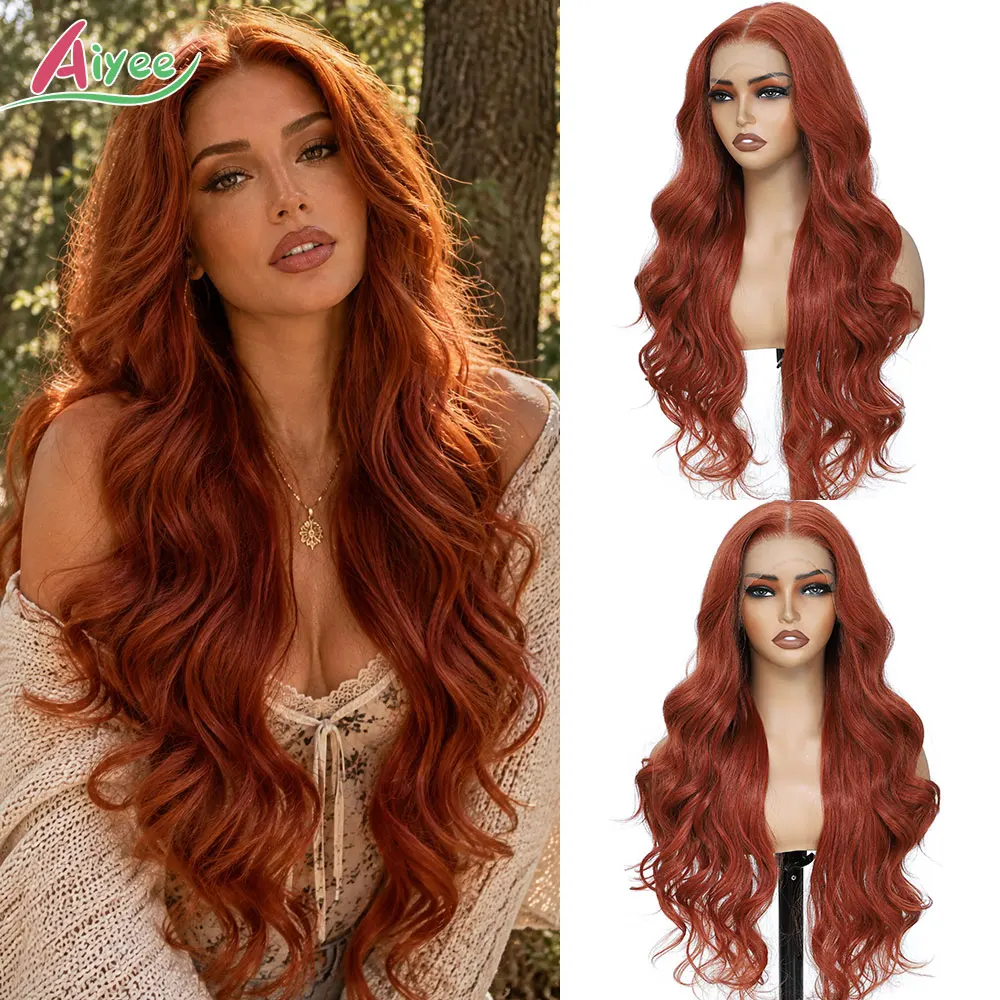 New 30 Inches 13x4 Lace Front Wig Ginger Copper Red Body Wave Pre Plucked High‑Temperature Synthetic Hairpiece for Women Cosplay