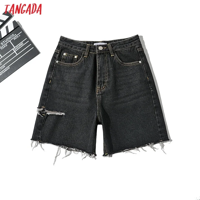 Tangada Summer Fashion Women Blue Ripped Shorts Pants Trousers Boyfriend Style Tassel Pockets Buttons Shorts PP11