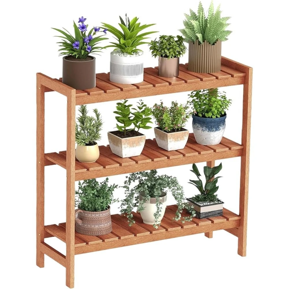 

3-Tier Wooden Plant Stand with Slatted Shelves for Indoor or Outdoor Use, Ideal for Pots, Books, Shoes, and Storage in Home, Liv