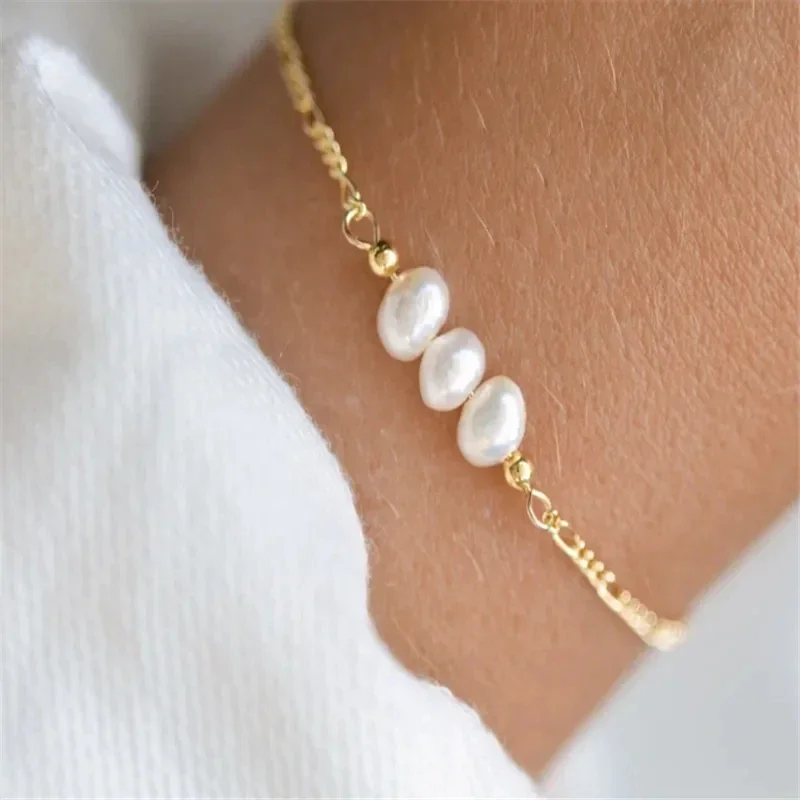 Minar Elegant Baroque Freshwater Pearl Charm Bracelets for Women  Gold Plated Stainless Steel Figaro Chain Beaded Bracelet