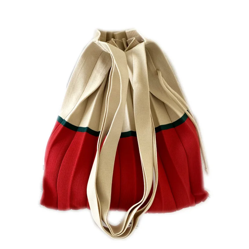 Korean Japanese INS Splicing Pleated Foldable Knitted Single Shoulder Bag Eco-friendly Shopping Bag Ladies Color Block Acris