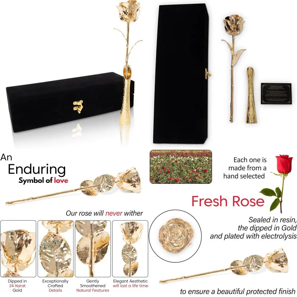 

Long Stem Real Rose Preserved in 24K Gold - Genuine Handpicked Natural Flower as an Everlasting Keepsake for Wife, Mother, or Sp