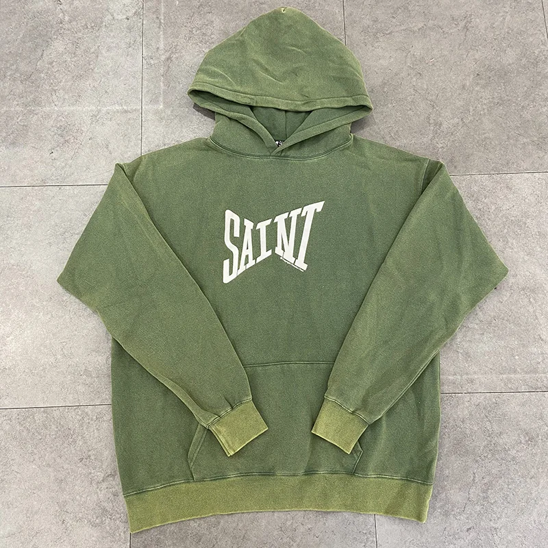 Hombres Mujeres Unisex Casual Moda Letras clásicas Logotipo Estampado Saint Sudadera con capucha Vintage Lavado Verde Negro Jerséis de gran tamaño con capucha