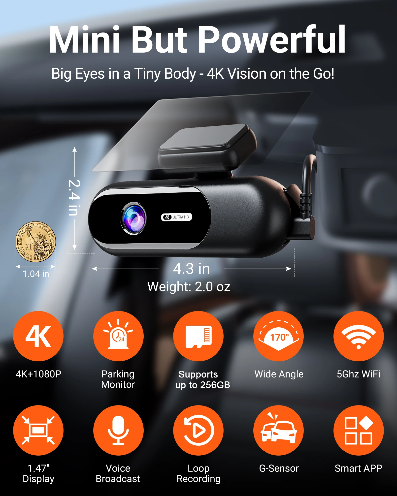 Car Camera Dash Cam per Auto Wifi 4K UHD Recording DVR Night Vision Video Recorder 24H Parking Dual Front and Rear Car Blackbox