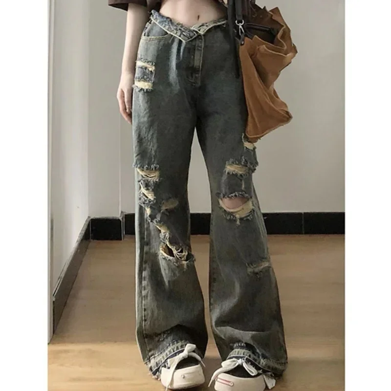 Hong Kong Style High Street China-Chic 2024 Summer New Spicy Girls Fashion Loose Wide Leg High Waist Casual Broken Jeans