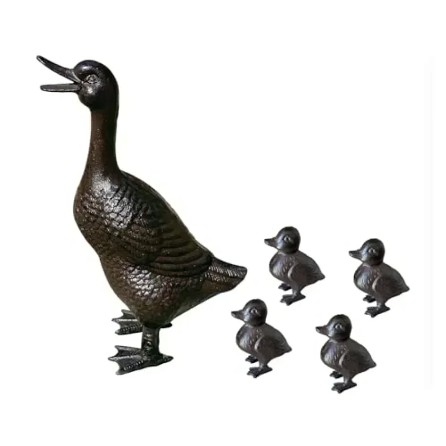 Vintage Cast Iron Duck Family Garden Statue Set: Rust Brown Mother Duck 15.7 Tall with Four Ducklings (3.6 Tall), Outdoor Decor