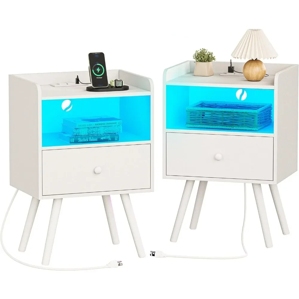 

Nightstand with Charging Station and LED Lights, Bed Side Tables Set of 2, End Tables with Drawer, Side Stables