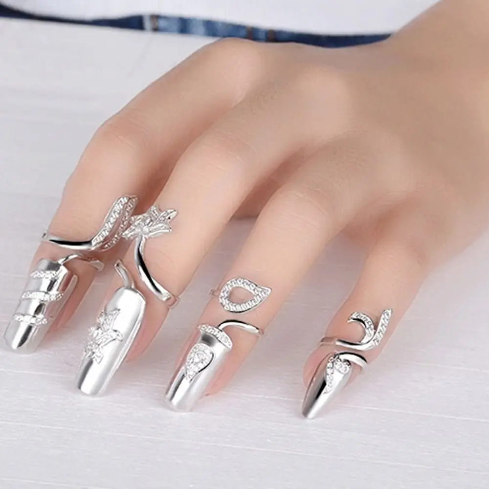 Chic Trendy Charming Rhinestone Opening Ring Alloy Girl Gift Finger Ring Fingernail Protective Women Nail Ring Fashion Jewelry
