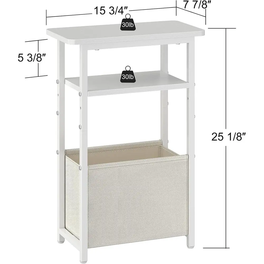 زوج من طاولات جانبية رفيعة مع سلال قماشية، أرفف مدمجة من طبقتين، طاولات ليلية بيضاء لغرفة المعيشة والمكتب