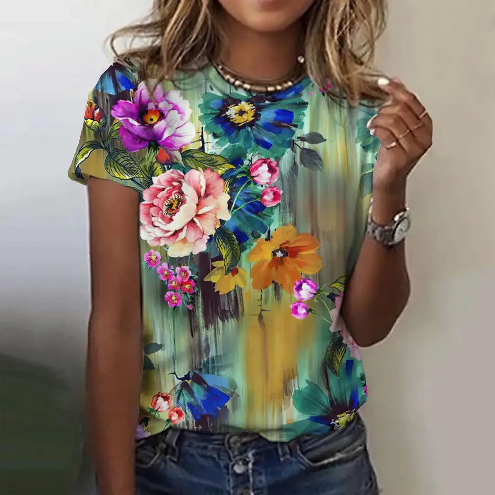 Camiseta floral 3D com gola em O feminina, camiseta feminina, tops casuais, Harajuku, manga curta, roupas femininas, moda, verão