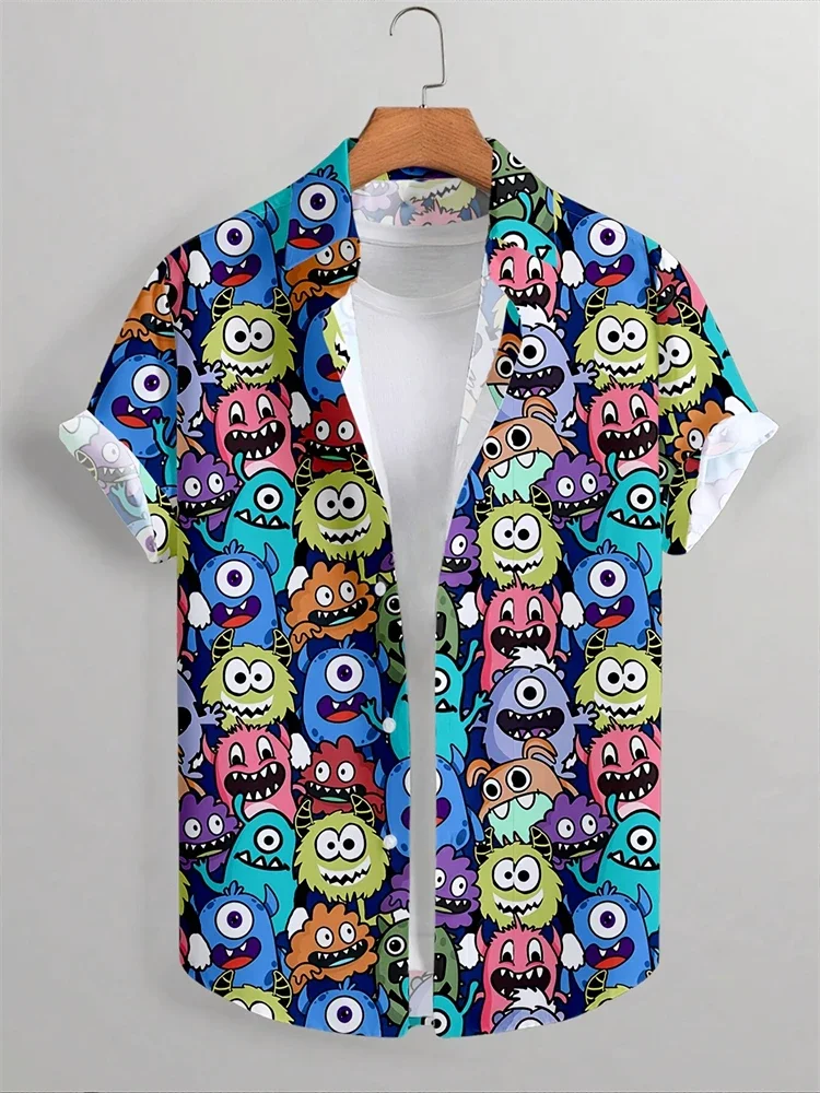 Men Cute Cartoon Monster All‑Over Print Hawaiian Shirt Casual Short Sleeve Lapel Button Up Summer Beach Holiday Travel Unisex