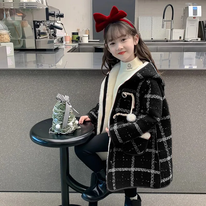 Girls Woolen Coat 2024 New Children Wear Korean Version New Woolen Plaid and Cashmere Winter Coat Thick Clothes Fashion