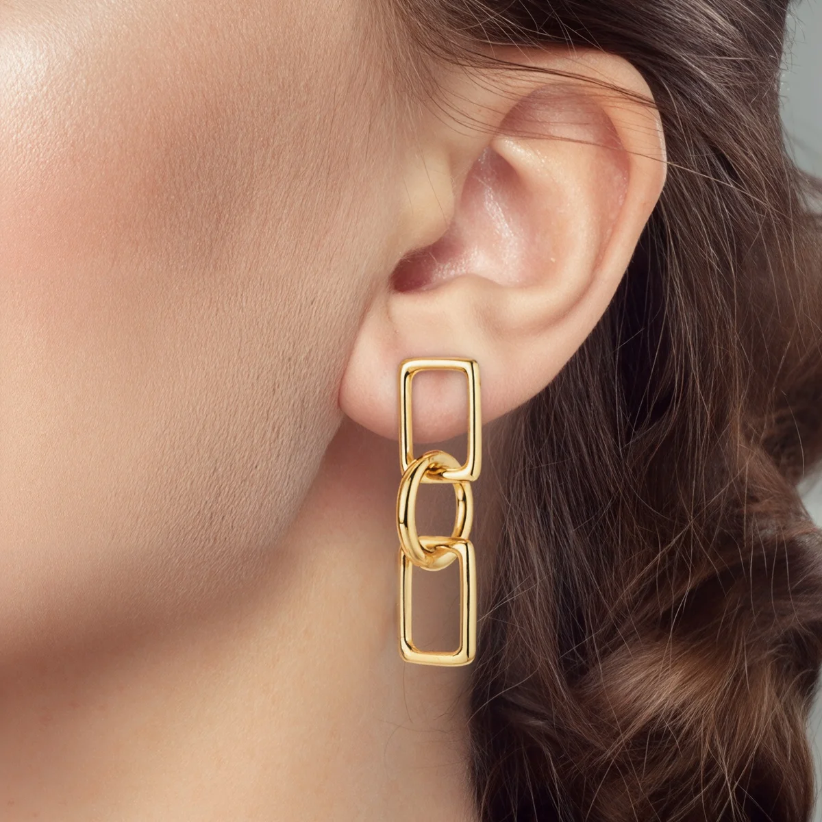 

Woman Earring 925 Silver Gold Square Chain Stud Original Geometry Earring Fashion Jewelry