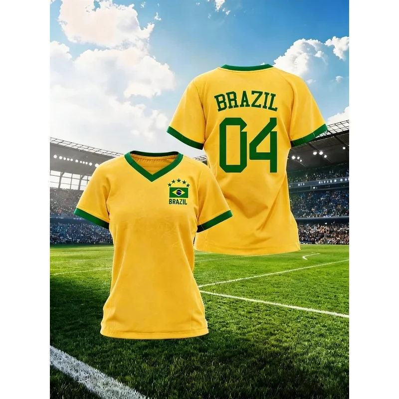 Brazil National Flag Print Women T-shirts Casual V-neck Short Sleeve Tee Fashion Brasil Fan Jersey Summer Sports Female Clothing