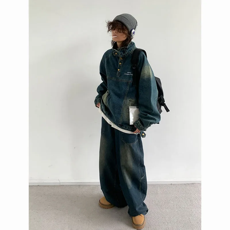 Harajuku Denim Set Men Women High Neck Loose Cowboy Jacket Hip-hop Cargo Pullover Coat Straight-leg Oversize Casual Jeans Unisex