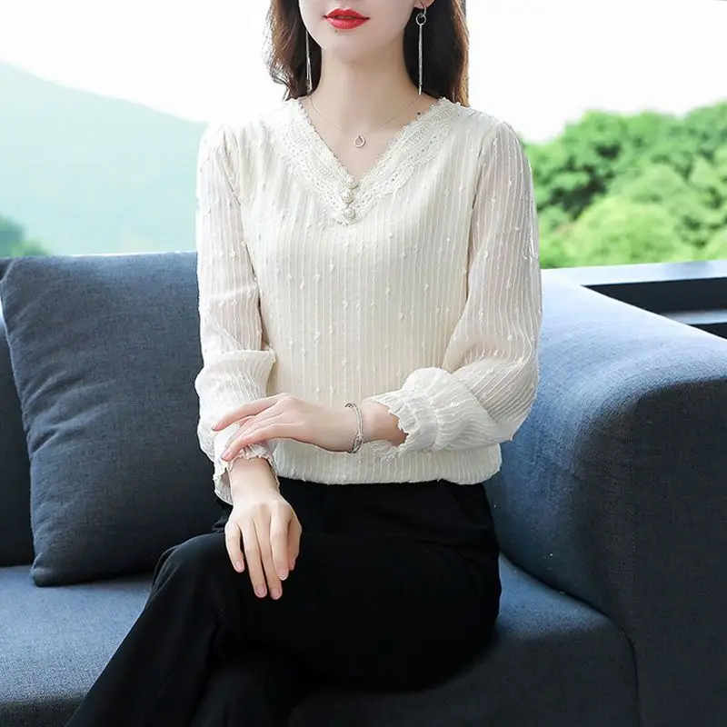 Oversize Commuting Women\'s Clothing Splice Buttons Lace V-neck Long Sleeved Solid Color Temperament Versatile Pullover Shirt