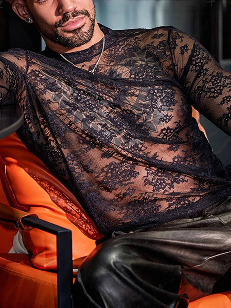 Sexy See Through Mesh Jumpsuits Tees Mens Spring Party Fashion Patchwork Mesh T-shirts Men Stylish Slim Fit Long Sleeve Pullover