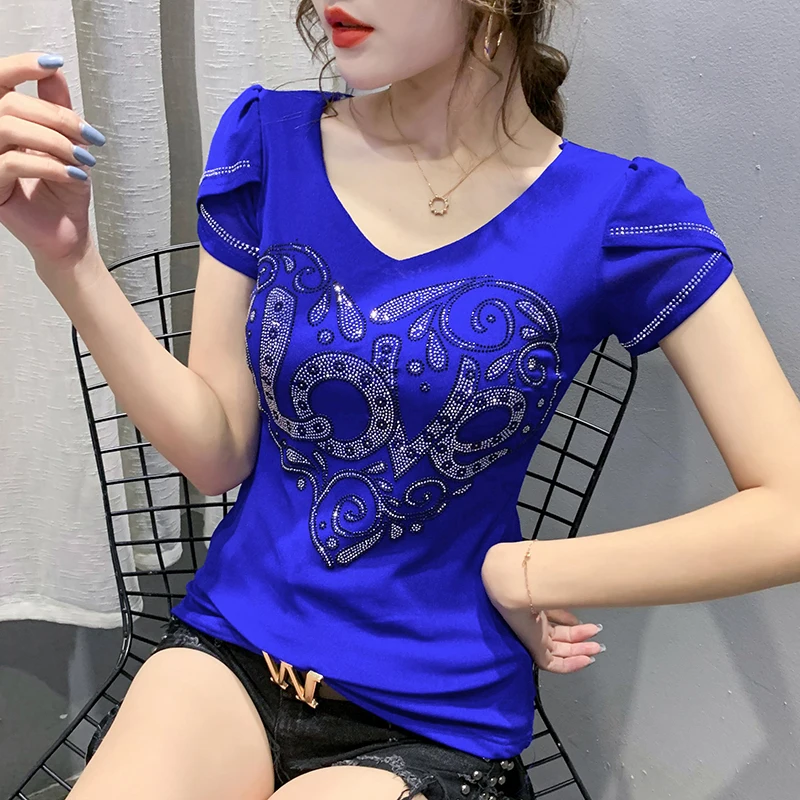 2023 Summer Girl T Shirt Cotton Diamonds Letters Love Heart V-neck Petal Sleeve Slim T-shirt Tops Casual Women Clothing Tees