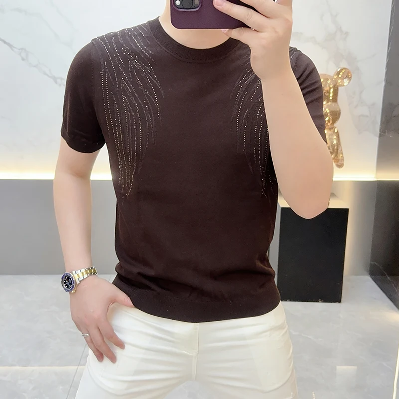 2026 Summer Round Neck Knitted Short Sleeve T-shirt for Men Luxury Rhinestone Casual Social T-shirt Man Slim Business Tee Tops