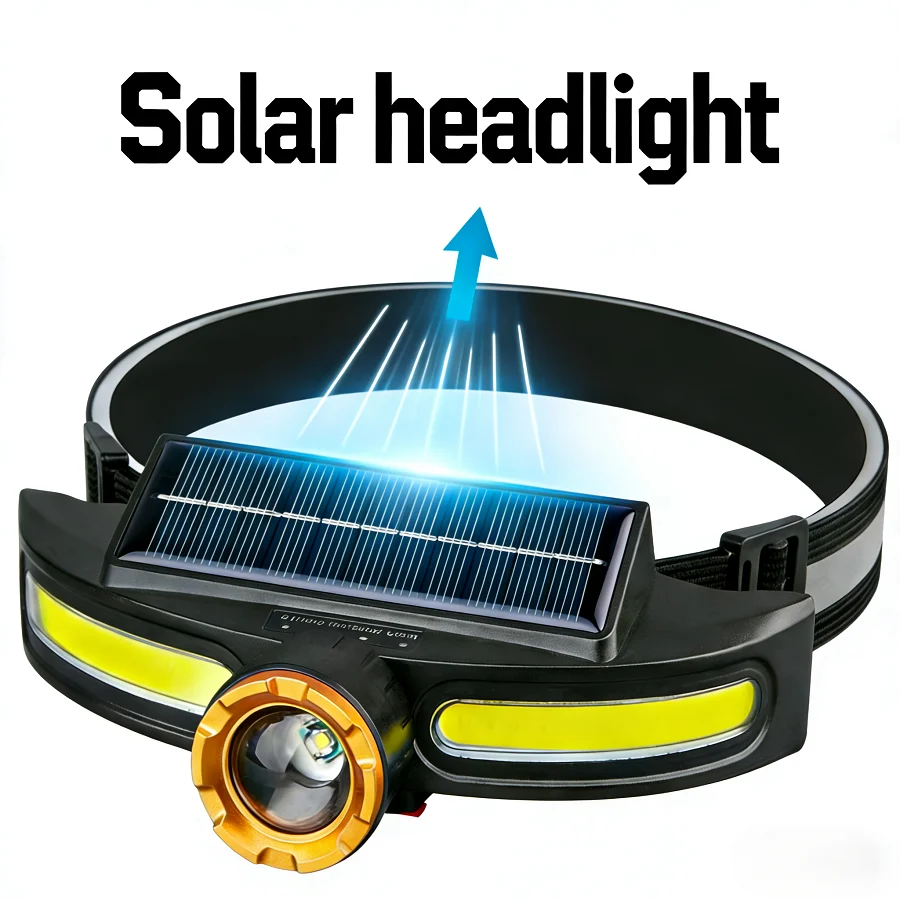 2026 Latest Solar Led Headlight 18650 Rechargeable Zoom Head Flashlight XPG+COB Strong Light Outdoor Camping Fishing Headlamp