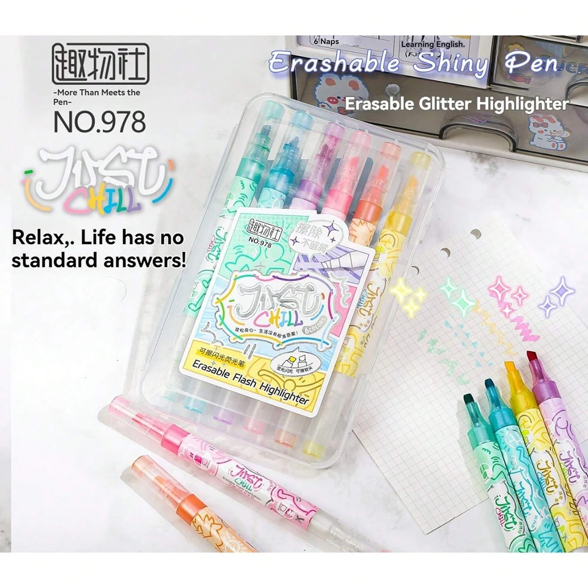 6 Farben/Box Kawaii löschbarer Glitzer-Textmarker zum Markieren von Sammelalben, bemaltes Briefpapier, Schulbedarf