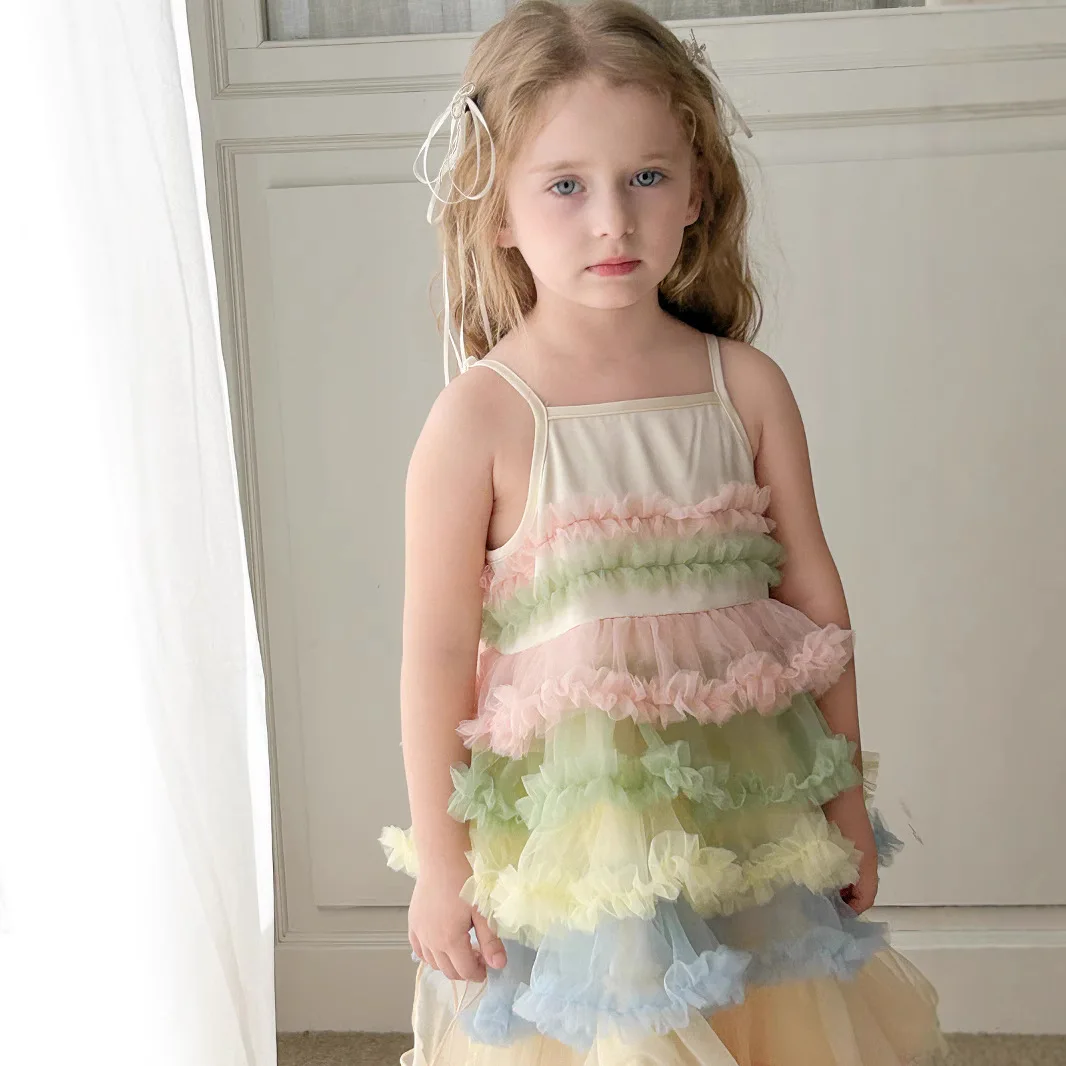 Summer New Girls' Super Beautiful and Fashionable Princess Puffy Dress 2025 Camisole Rainbow Cake Gauze Dress Dress