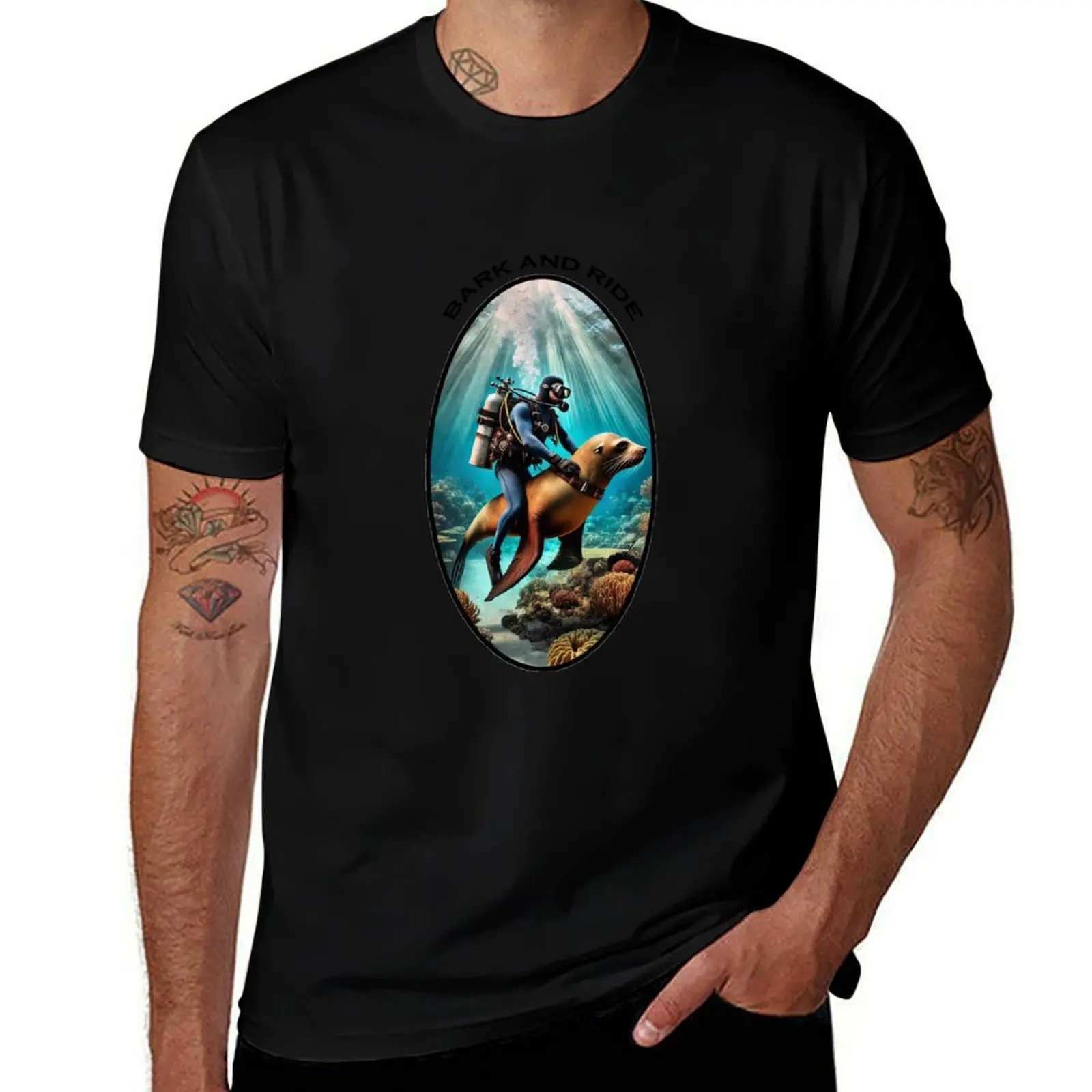 

Vintage SCUBA Diving Diver Riding on the Back of a Sea Lion URM T-Shirt clothes T-shirts man mens white t shirts