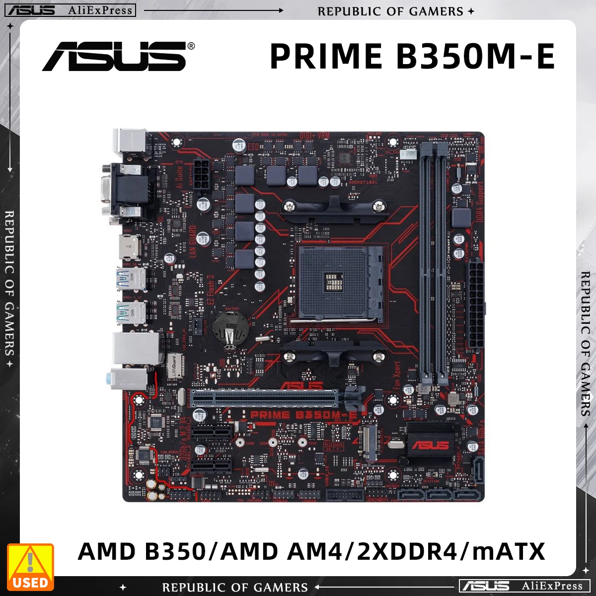 

Used Motherboard, ASUS PRIME B350M-E, B350 Chipset, AM4 Socket for 1st Gen Ryzen CPU, Micro ATX Form Factor, Dual DDR4 RAM Slots