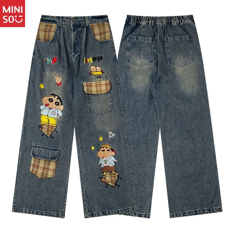 Miniso الأمريكية الرجعية غسلها المتعثرة متعة الكرتون التطريز المرقعة مستقيم الساق الجينز للجنسين فضفاض السراويل واسعة #3