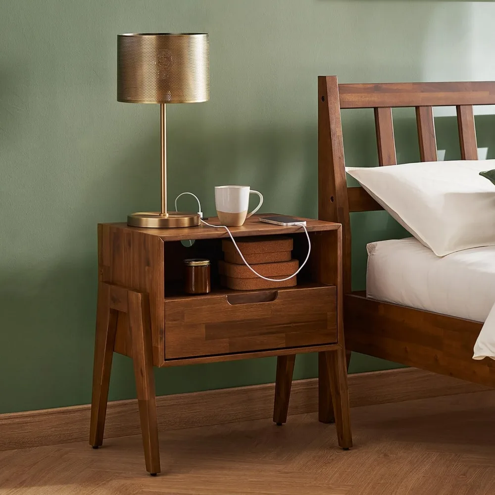 Mid Century Modern Solid Wood Nightstand with Charging Station, Small Drawer Side Table for Bedside Storage