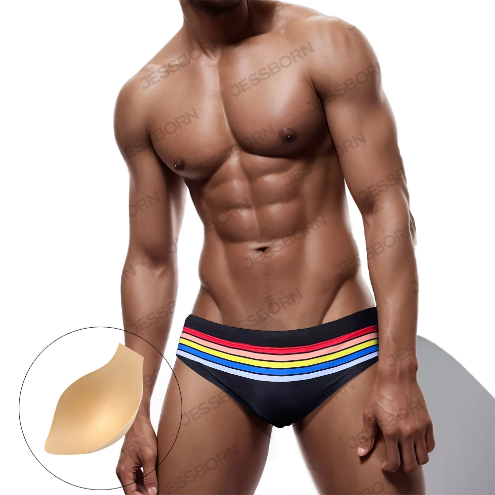 

Summer Mens Push Pad Striped Swimsuit Sexy Low Waist Swim Trunks Male Sport Beach Surf Swimwear Quick Dry Bathing Cup Briefs