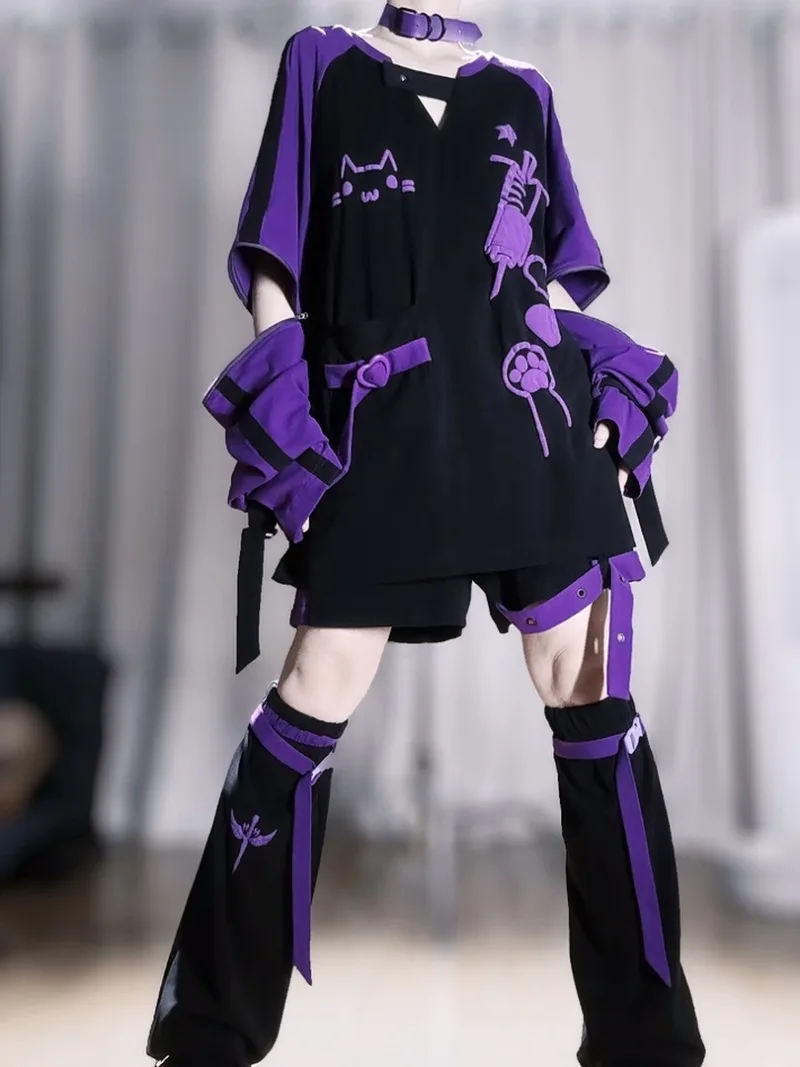 Japanischer Stil Coole Y2k Cosplay Delinquent Girl Abnehmbares T-Shirt Shorts Beinabdeckungen Set Gothic Freizeitkleidung Themenparty-Outfits – Detail 7