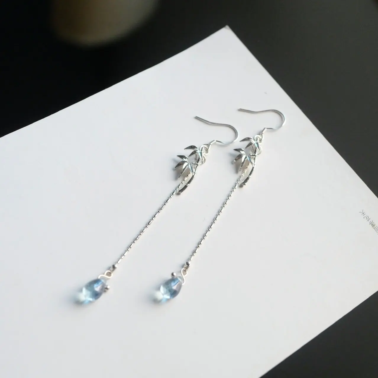 Chinese Style Hanfu Matching Bamboo Water Drop Dangle Earrings S925 Silver Hook Optional Non Pierced Ear Clip Elegant Delicate