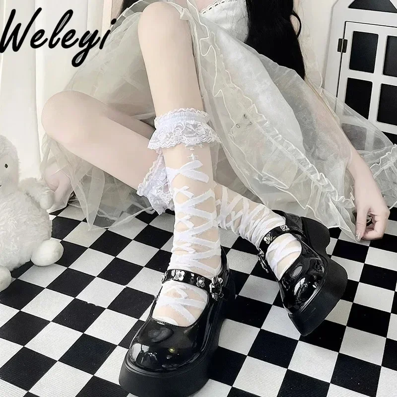 Lolita Sweet Woman's Bow Lace Socks 2024 Spring and Autumn New Japanese Cute Crystal Cross Thigh High Black Calf Socks for Women