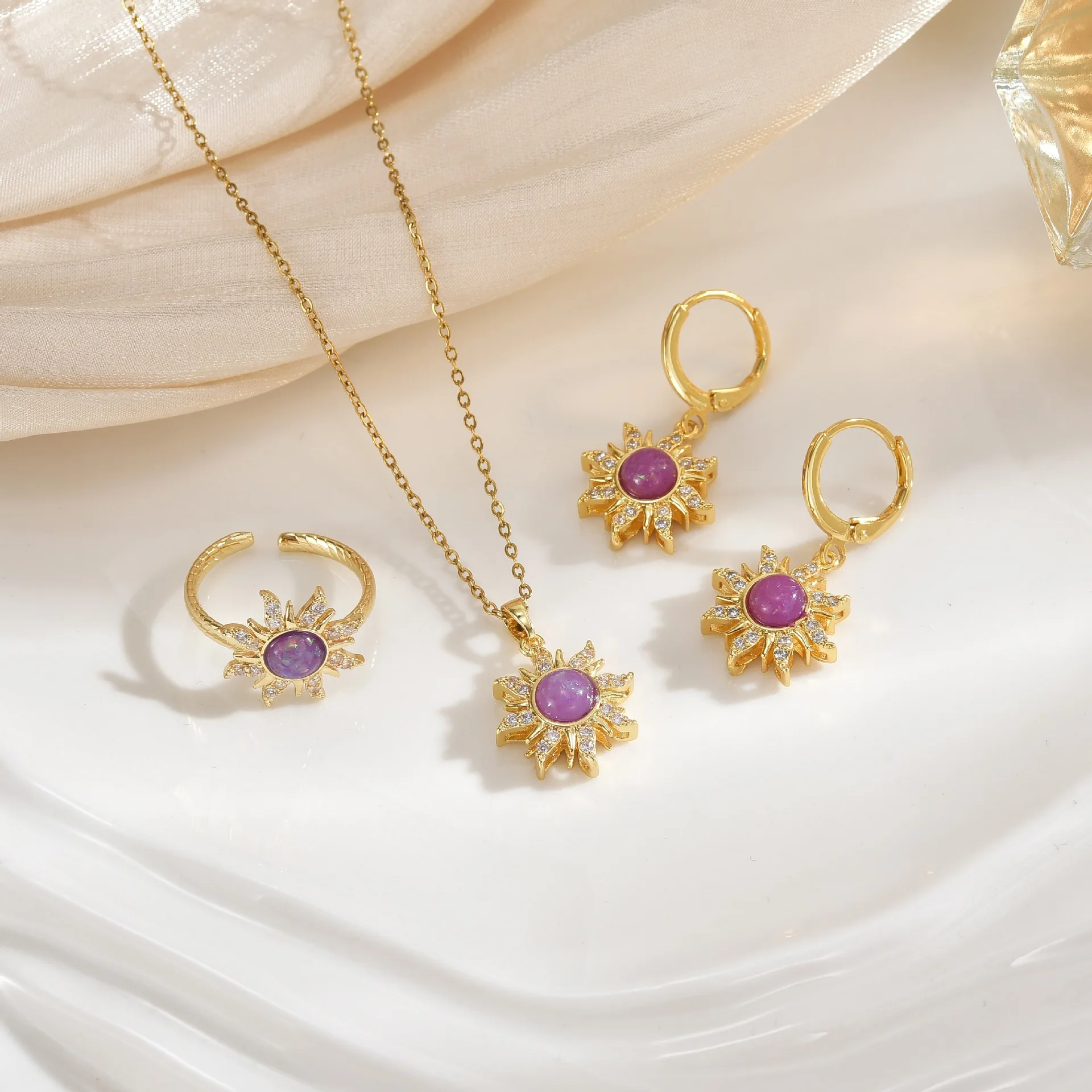 Sun Shape Jewelry Set Rhinestone Decor Necklace Earrings Bracelet Ring 4Pcs Perfect Birthday Gift for Girlfriend