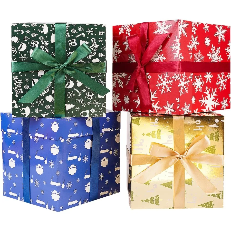 

Assorted Designs Cristmas Gift oxes wit Lids Tissue Papers and Rions Medium Square Gift oxes - 12 Pcs 8.7 Inc Gift Wrapping Cri