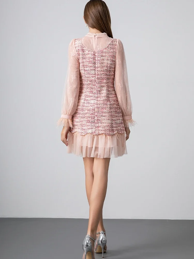 SMTHMA High Quality Lace Patchwork Colorful Tweed Dress Women\'s Small Fragrance Style Big Bow Ostrich Fur Woolen Dress