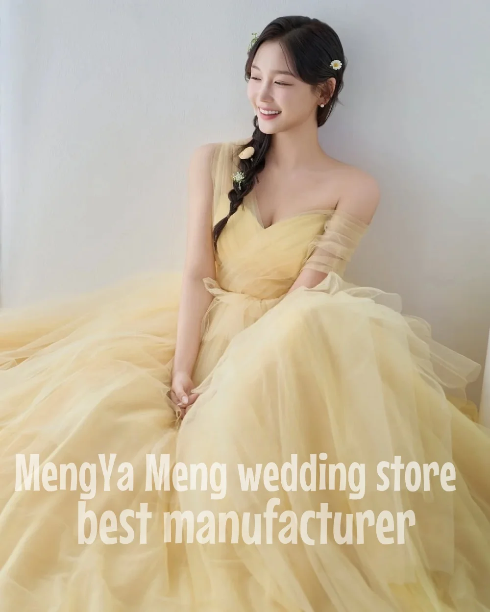 

ZHUISHU Strapless Tulle Evening Dress Yellow Off Shoulder Korea Wedding Photo Shoot Dress Long Tiered Corset Customized