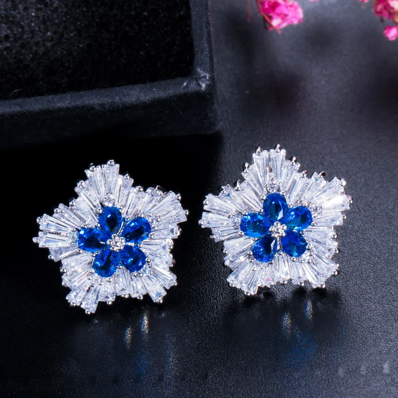 CWWZircons Korean New Fashion Brand Jewelry Rose Red Cubic Zirconia Crystal Flower Christmas Earrings Presents for Women CZ179