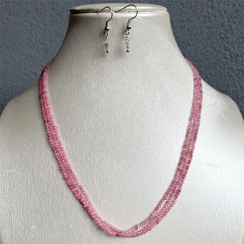 

Luxury 3Layers 2-3MM Faceted Strawberry Quartz Necklace Earrings Set Natural Beads Women Varnish Preciosas Stone