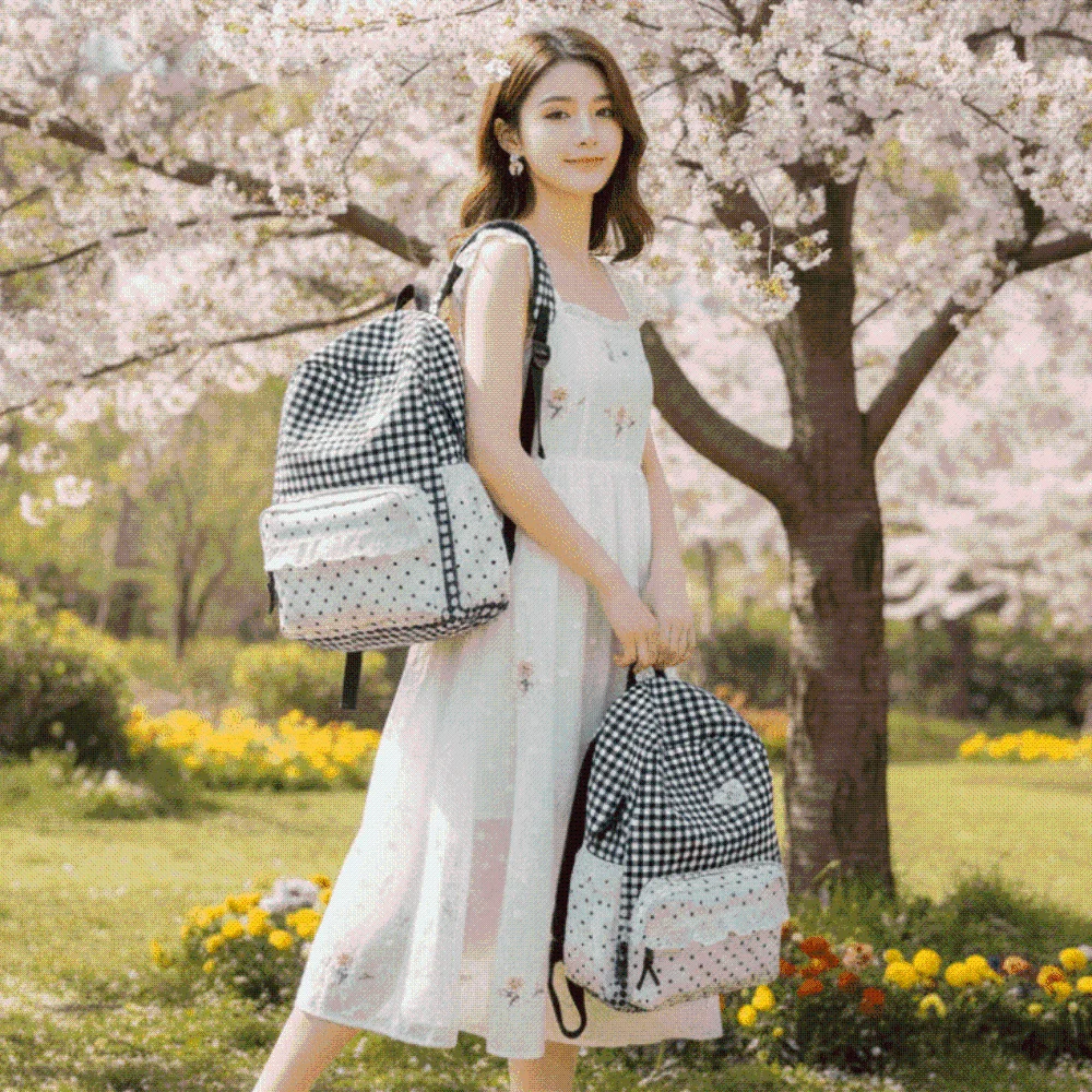 Korean Style Gingham Backpack Pastel Colors Polka Dot Lace Schoolbag Lightweight Heart Embroidery Plaid Daypack High Students