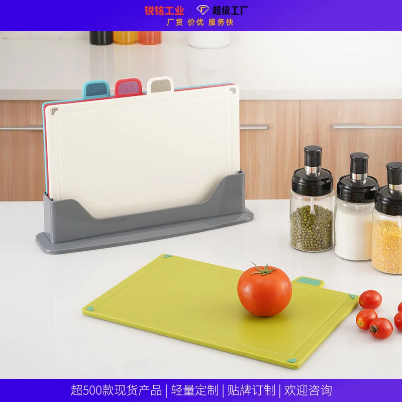 

Kitchen 4-color Chopping Board Set Markings Raw And Cooked Food ClassifiCation With Storage Rack Four In